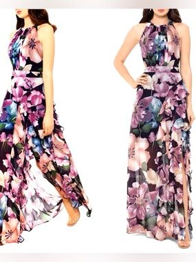 Betsy & Adam Floral Ruffle Slit Chiffon Halter Gown Size 6